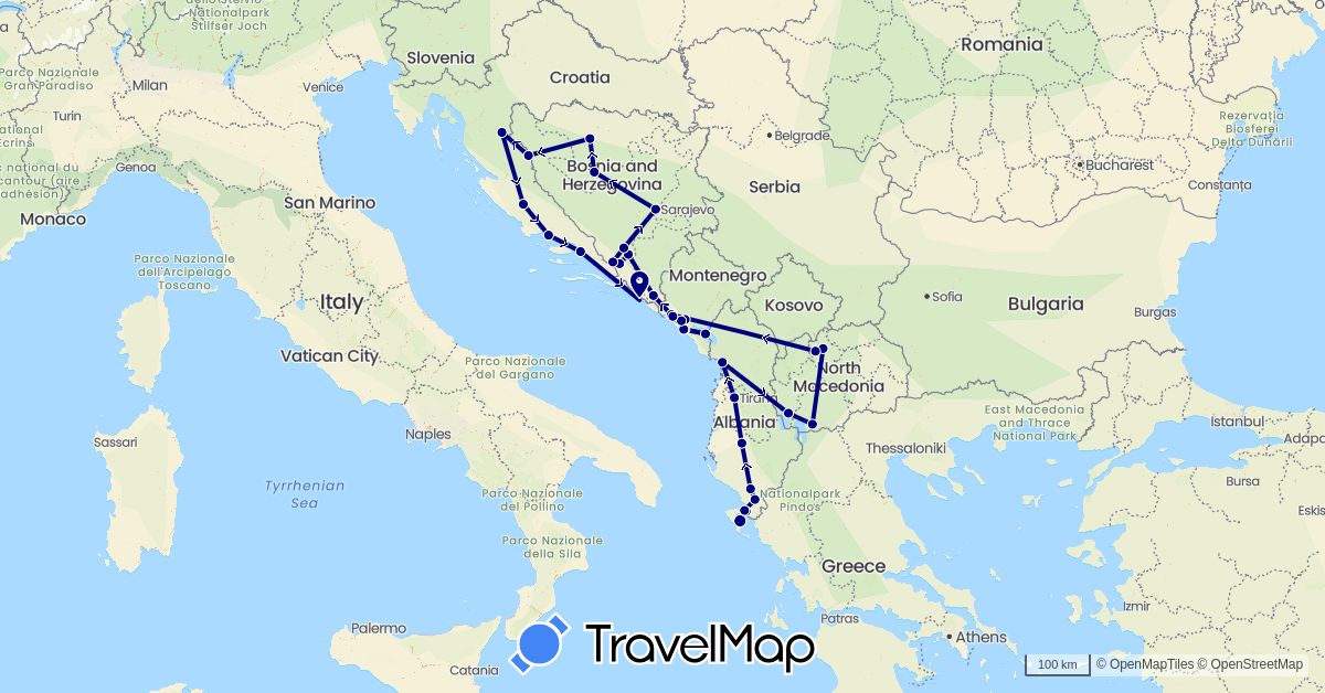 TravelMap itinerary: driving in Albania, Bosnia and Herzegovina, Greece, Croatia, Montenegro, Macedonia (Europe)